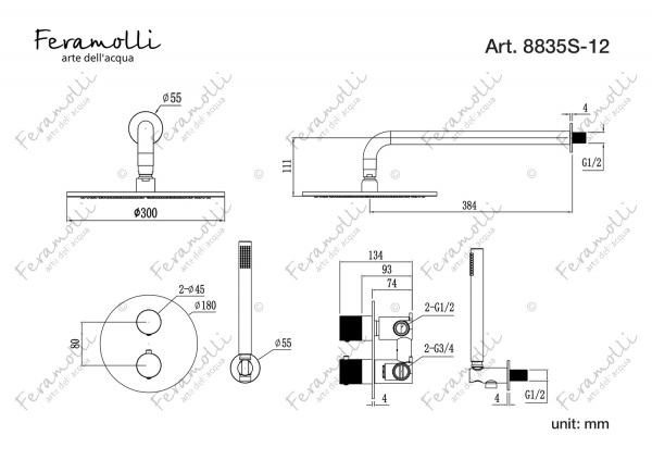 Термостатический комплект для душа скрытого монтажа Feramolli OS8835S-12