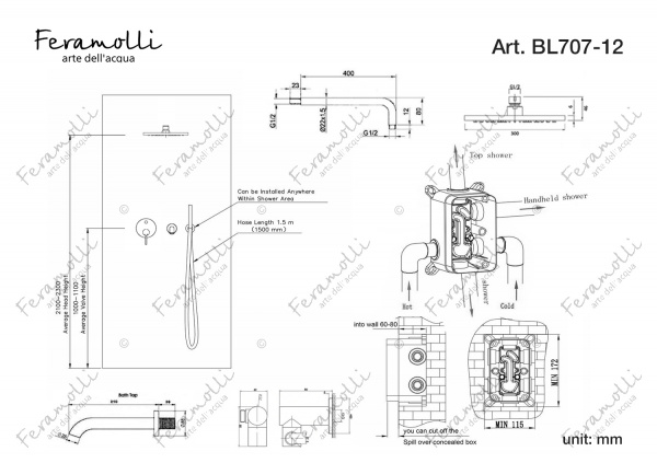 Душевой комплект Feramolli 3in1 BL707-12 (30см.), черный матовый Feramolli