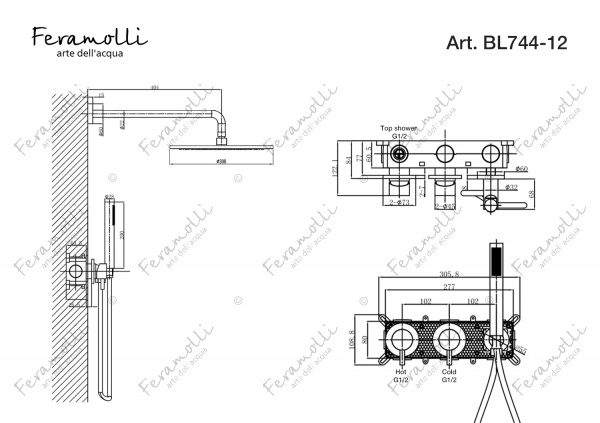 Душевой комплект Feramolli BL744-12 (30см.), черный матовый Feramolli