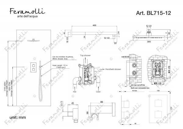 Душевой комплект с термостатом Feramolli BL715-12 (30см.), черный матовый Feramolli