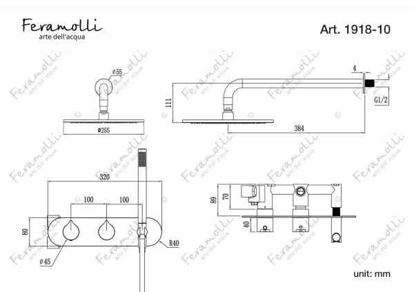 Термостатический комплект для душа скрытого монтажа Feramolli Inox OS1918-10, золото Feramolli