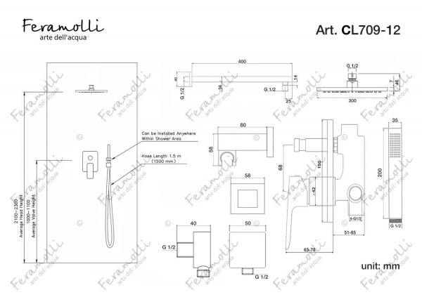 Душевой комплект Feramolli CL709-12 (30см.), хром Feramolli