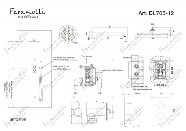 Душевой комплект с термостатом Feramolli CL705-12 (30см.), хром Feramolli