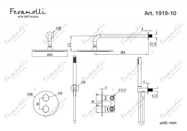 Термостатический комплект для душа скрытого монтажа Feramolli Inox OS1919-10, золото Feramolli