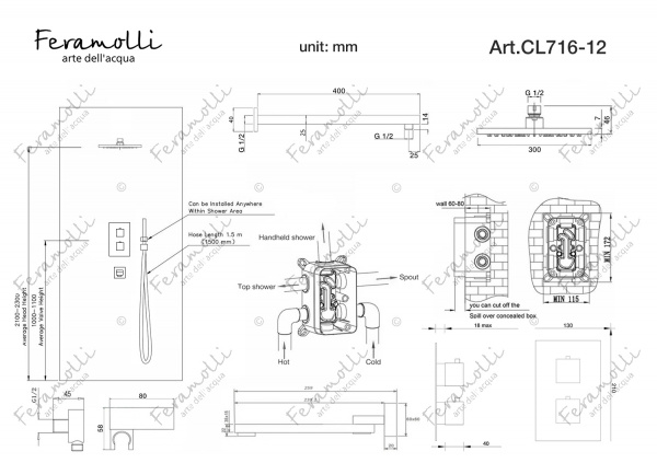 Душевой комплект с термостатом Feramolli CL716-12 (30см.), хром Feramolli
