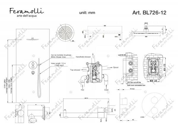Душевой комплект с термостатом 3в1 Feramolli BL726-12 (30см.), черный матовый Feramolli