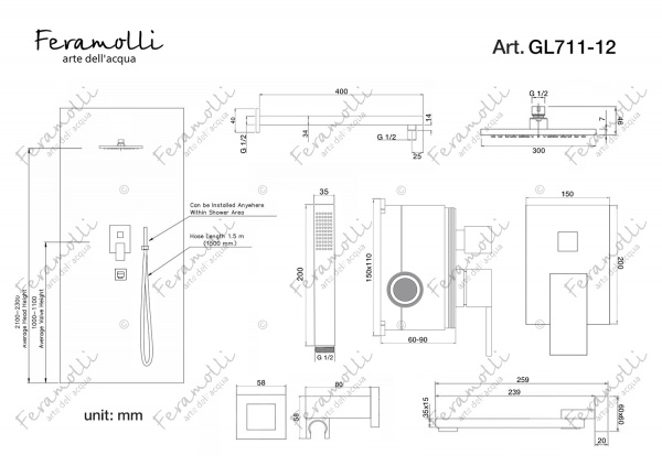 Душевой комплект Feramolli GL711-12 (30см.), брашированное золото Feramolli