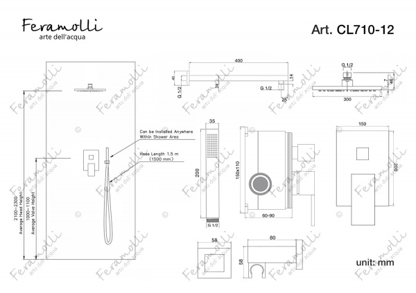 Душевой комплект Feramolli CL710-12 (30см.), хром Feramolli