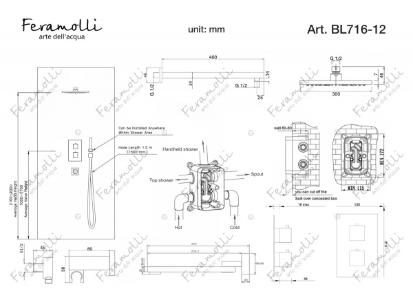 Душевой комплект с термостатом Feramolli BL716-12 (30см.), черный матовый Feramolli