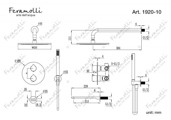 Термостатический комплект для ванны/душа скрытого монтажа 3 в 1 Feramolli Inox CS1920-10, хром Feramolli