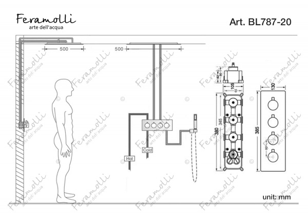 Душевой комплект с термостатом Feramolli BL787-20 (500мм.), черный матовый Feramolli