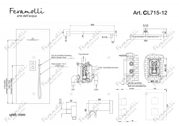 Душевой комплект с термостатом Feramolli CL715-12 (30см.), хром Feramolli