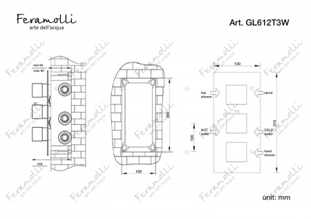 Термостатический смеситель скрытого монтажа на 3 потока Feramolli GL612T3W, золото Feramolli