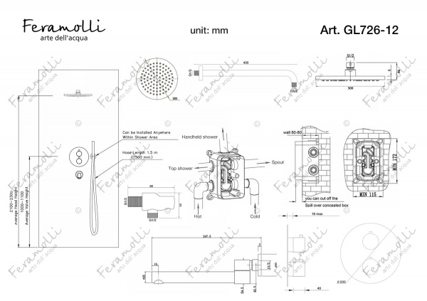 Термостатический комплект 3 в 1 для ванный и душа Feramolli GL726-12 (30см.), золото Feramolli