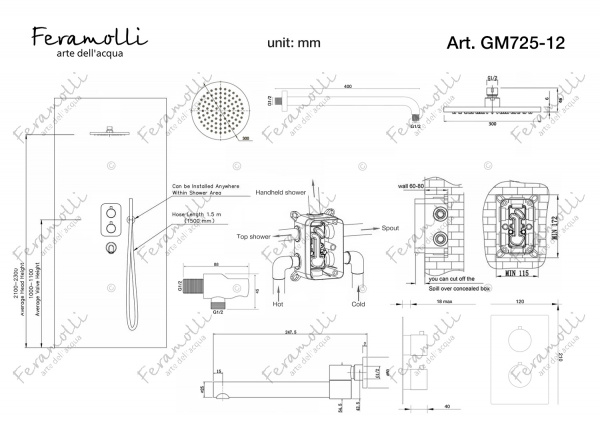 Термостатический комплект 3 в 1 для ванный и душа Feramolli GM725-12 (30см.), графит Feramolli