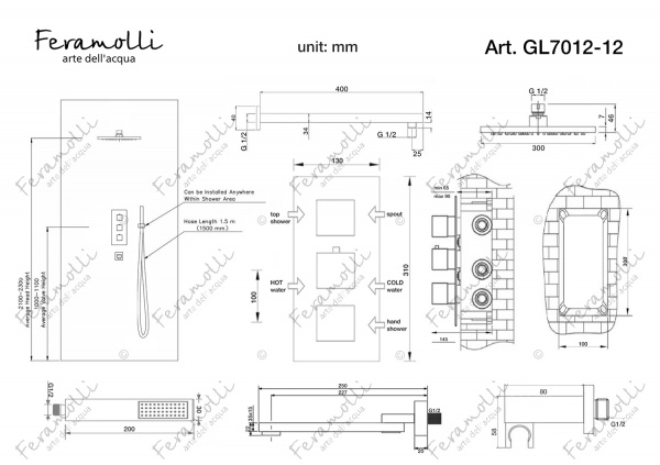 Душевой комплект с термостатом Feramolli GL7012-12, золото Feramolli