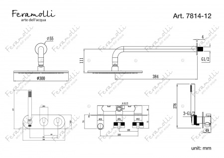 Термостатический комплект для душа скрытого монтажа Feramolli CS7814-12, серый никель Feramolli