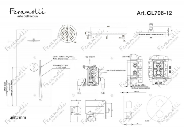 Термостатический комплект для душа Feramolli CL706-12 (30см.), хром Feramolli
