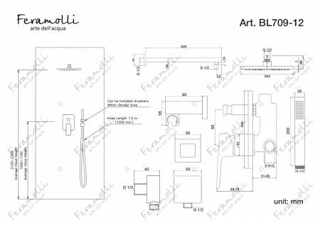 Душевой комплект Feramolli BL709-12 (30см.), черный Feramolli