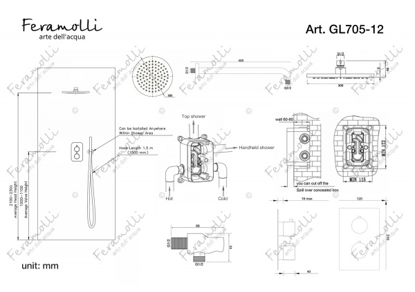 Термостатический комплект для душа Feramolli GL705-12 (30см.), золото Feramolli