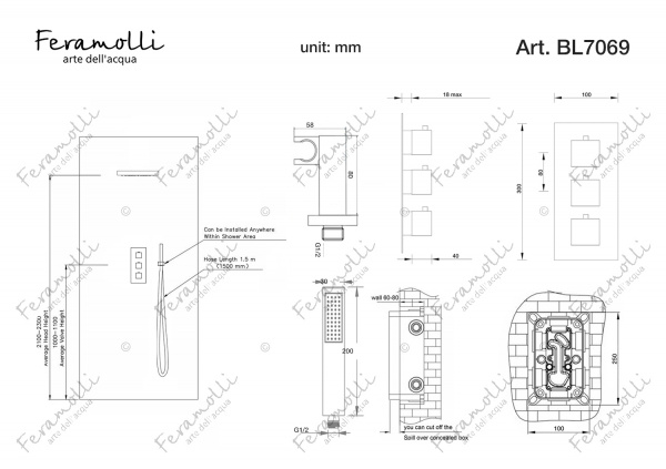 Термостатический комплект для душа Feramolli BL7069, черный Feramolli