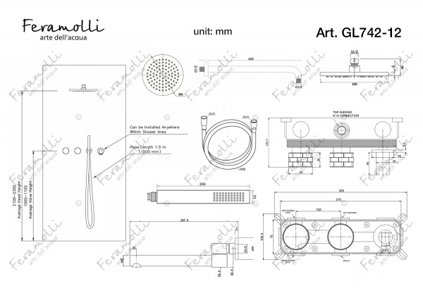 Прогрессивный комплект для ванны и душа 3 в 1 Feramolli GL742-12 (30см.), золото Feramolli