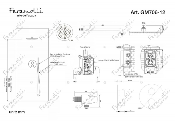 Термостатический комплект для душа Feramolli GM706-12 (30см.), графит Feramolli