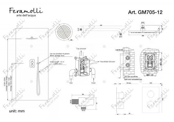 Термостатический комплект для душа Feramolli GM705-12 (30см.), графит Feramolli