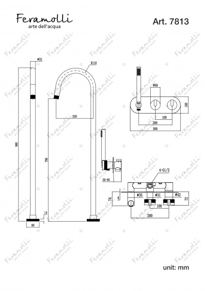 Напольный термостатический смеситель для ванны скрытого монтажа Feramolli CS7813, никель Feramolli