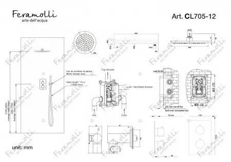 Термостатический комплект для душа Feramolli CL705-12 (30см.), хром Feramolli