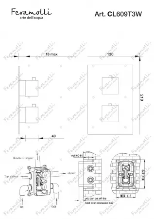 Термостатический смеситель скрытого монтажа на 3 потока Feramolli CL609T3W, хром Feramolli