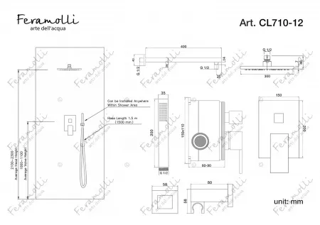 Душевой комплект Feramolli CL710-12 (30см.), хром Feramolli