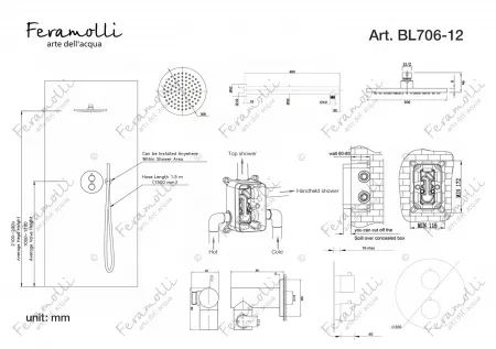 Термостатический комплект для душа Feramolli BL706-12 (30см.), черный Feramolli