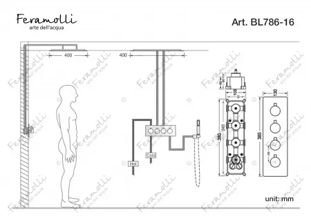 Душевой комплект с термостатом Feramolli BL786-16 (400мм.), черный Feramolli