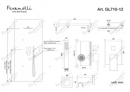 Душевой комплект Feramolli GL710-12 (30см.), золото Feramolli