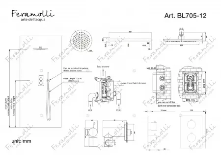 Термостатический комплект для душа Feramolli BL705-12 (30см.), черный Feramolli