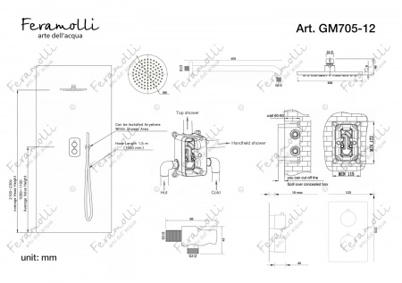 Термостатический комплект для душа Feramolli GM705-12 (30см.), графит Feramolli