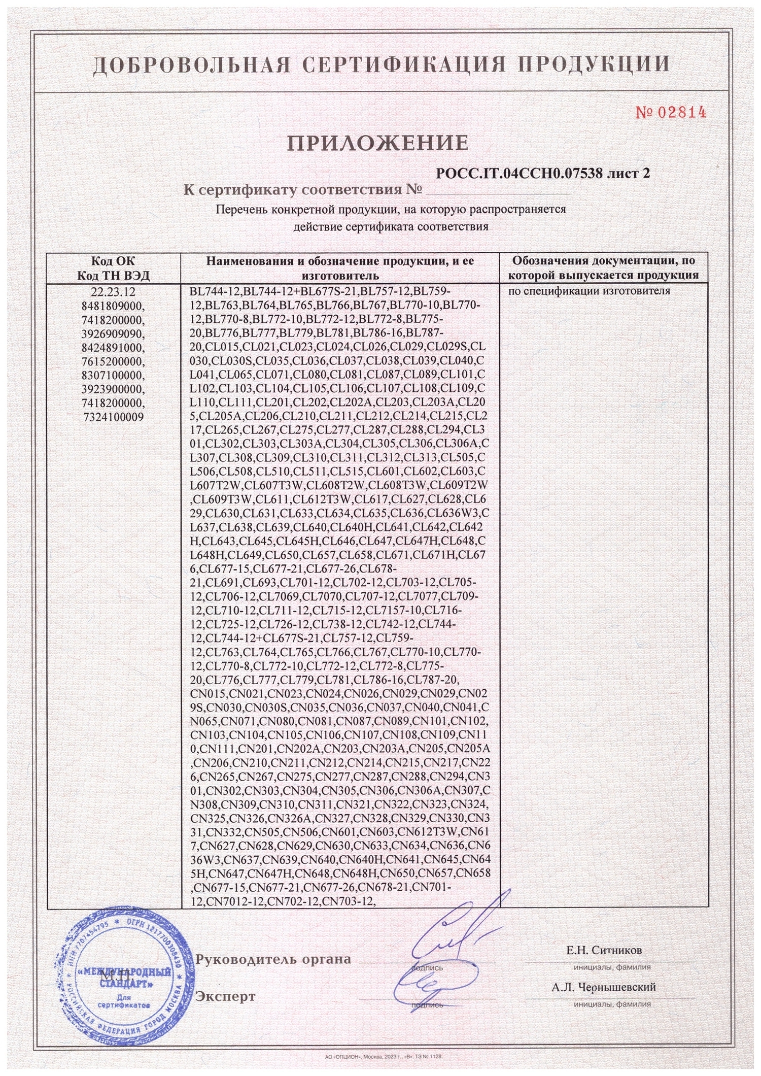 Приложение к сертификату соответствия № POCC.IT..04CCH0.07538 лист 2